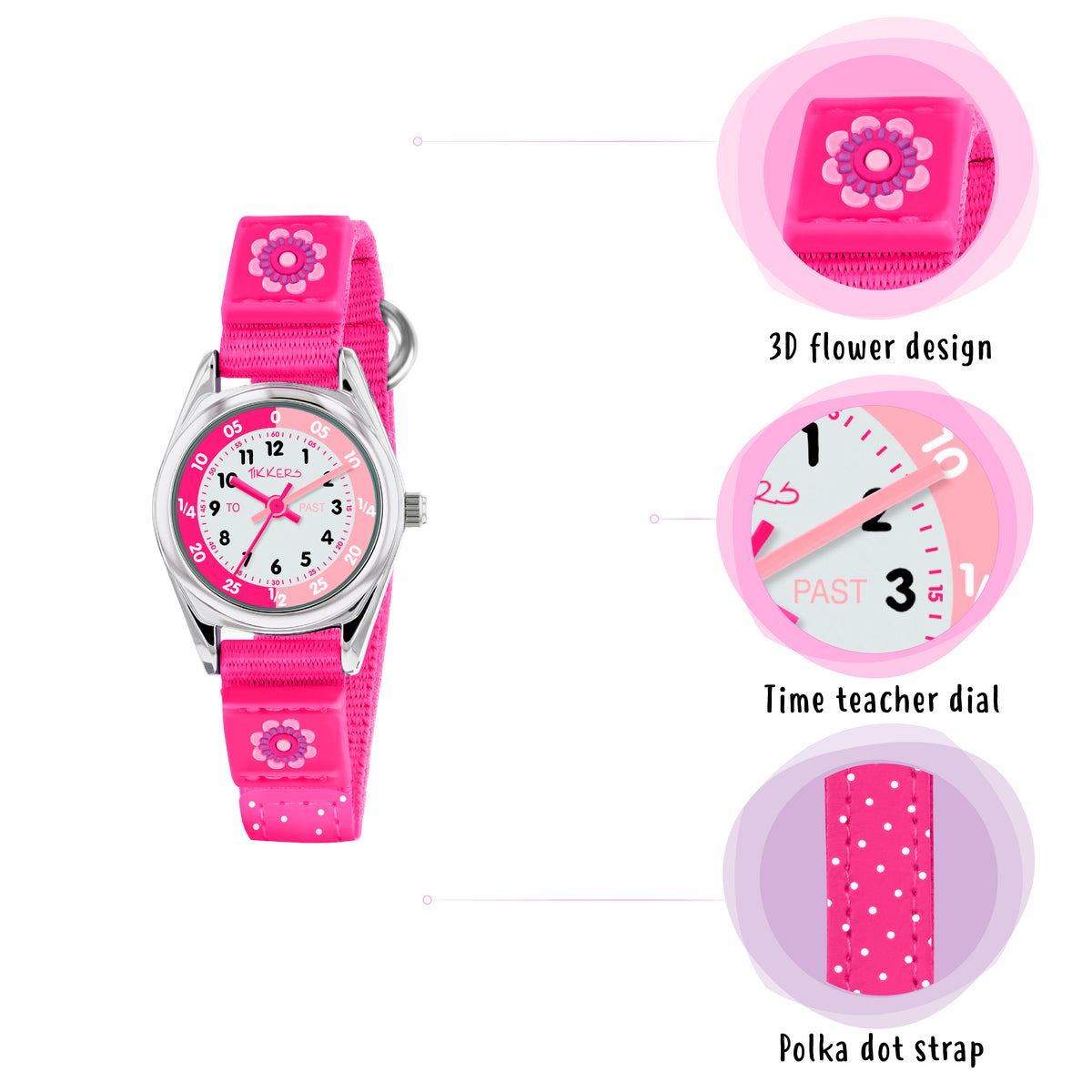 Tikkers Time Teacher Pink Flower Canvas Strap Watch