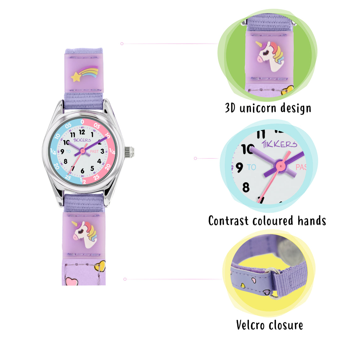 Tikkers Time Teacher Purple Unicorn Canvas Strap Watch