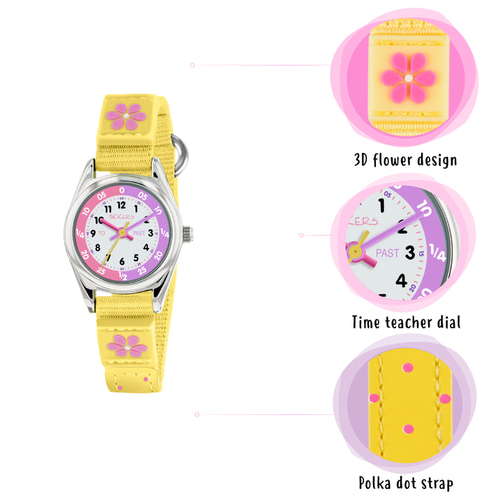 Tikkers Time Teacher Yellow Flower Canvas Strap Watch