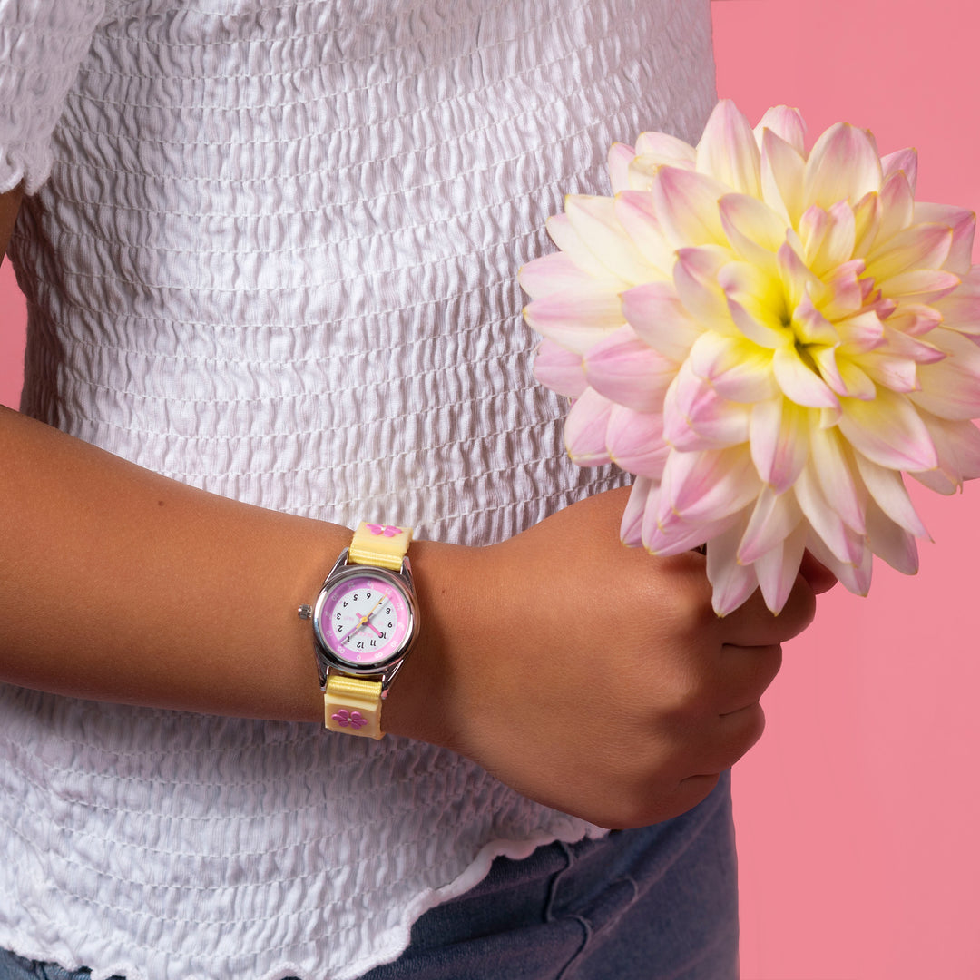 Tikkers Time Teacher Yellow Flower Canvas Strap Watch